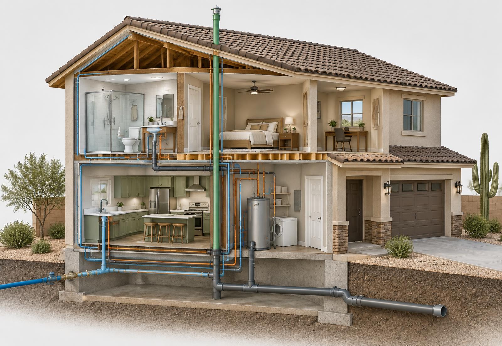 Illustrated cutaway of a Phoenix home showing its water supply, hot water, fixtures, and drain pipes